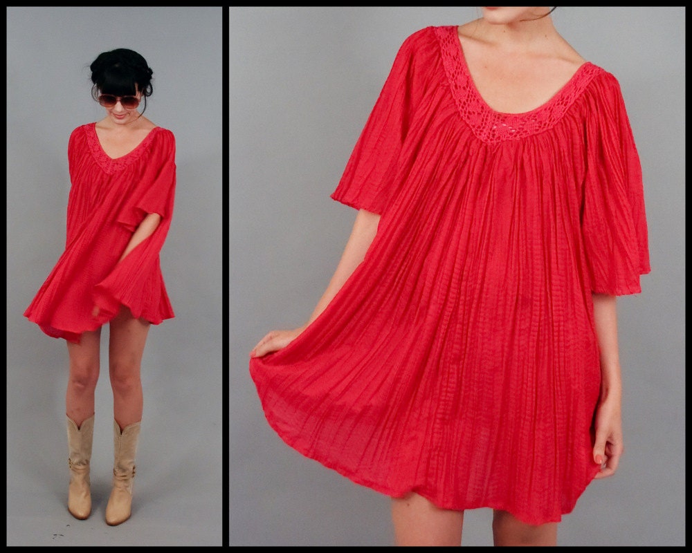 Vintage Gauze Ethnic Boho Tent Tunic Caftan Festival Mini Dress in Pink (O)