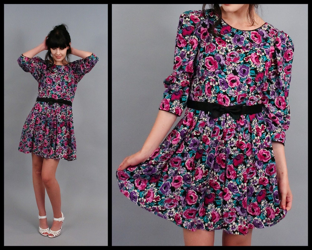 Vintage Lanz 80s Puff Sleeve Dolly Lolita Floral Mini Dress ( M )