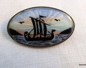 Early 1900s Sterling Denmark Guilloche Enamel Viking Ship R. Petersen-Horsens