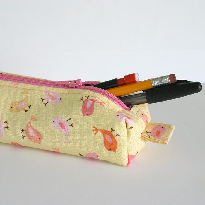 Girls Pencil Case Yellow Pencil Case with Birds