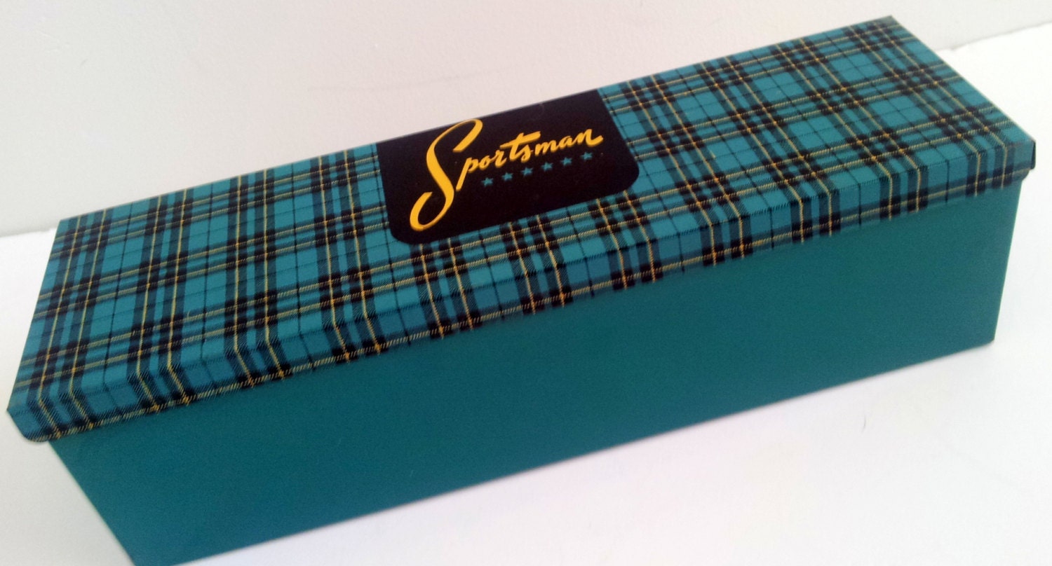 Vintage Blue Plaid Teal Metal Sportsman Storage Box Office Organization Men Black