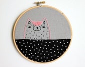 SALE- Cleo the cat - Hand embroidered wall art - Ready to ship