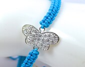 Sterling Silver Adjustable Turquoise Nylon Cord Bracelet, Cubic Zirconia Butterfly