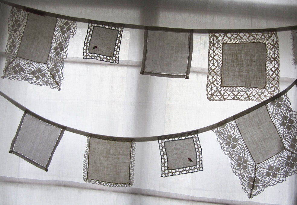 Vintage Linen Bunting.  This piece has some lovely details on off white vintage linen.