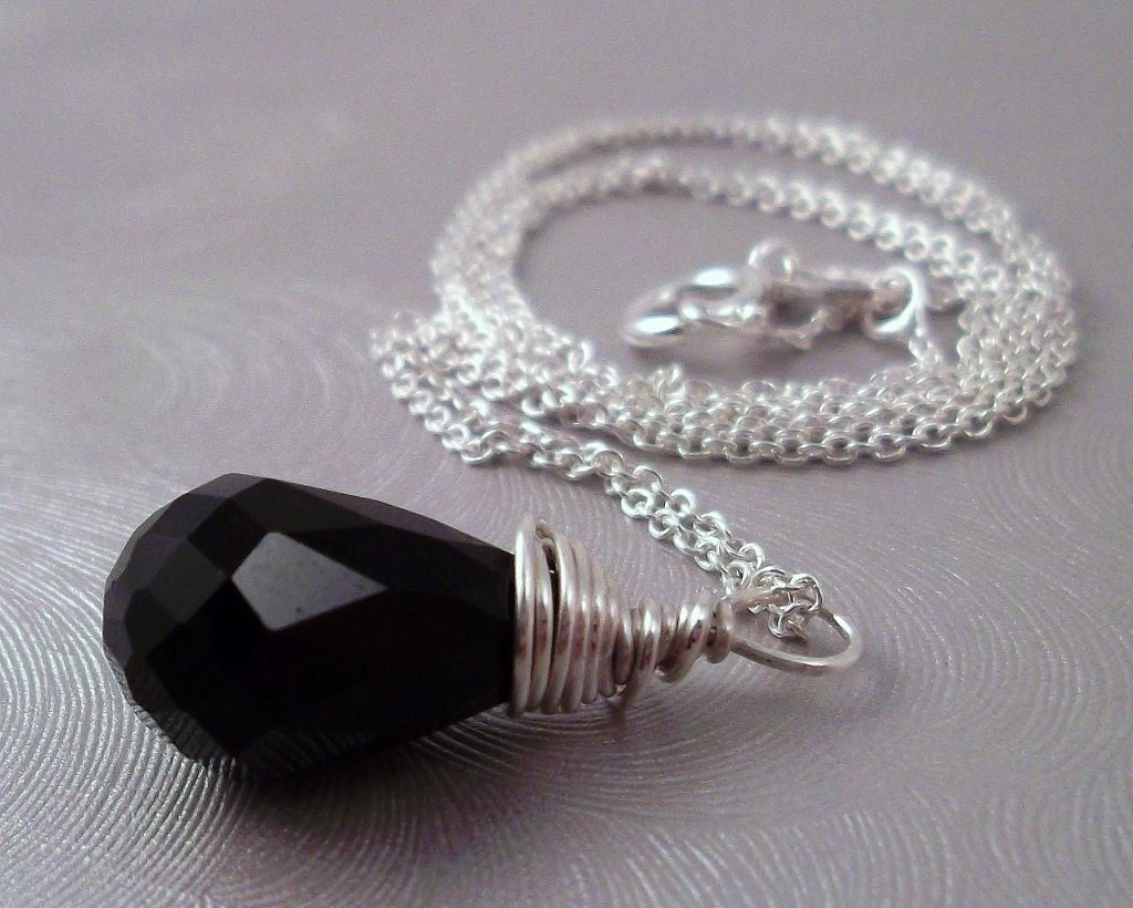 Elegant Black Crystal Teardrop Necklace, Wire Wrapped with Sterling Silver