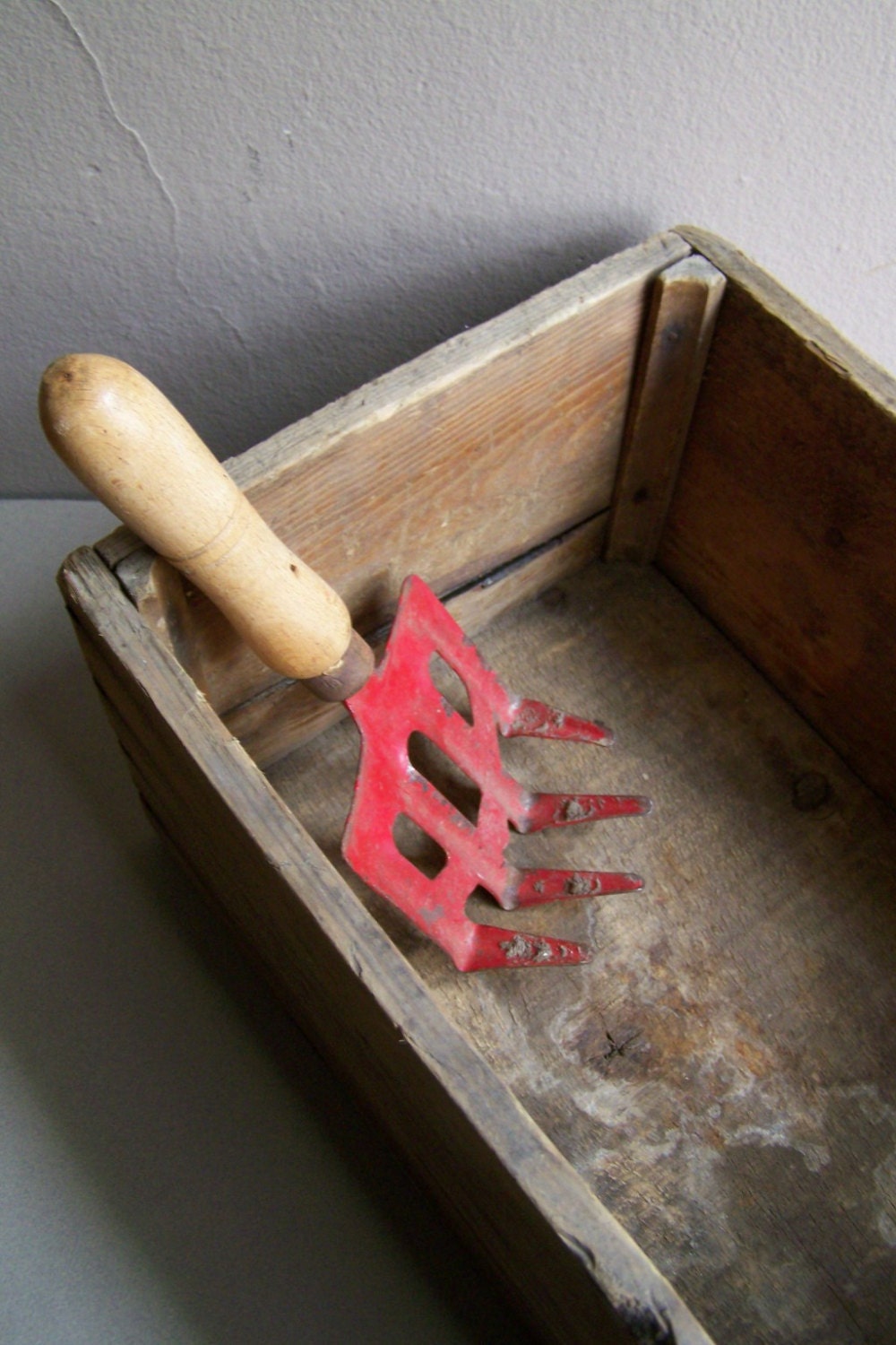 Vintage Cultivator GARDEN Hand Tool Red Metal and Wood