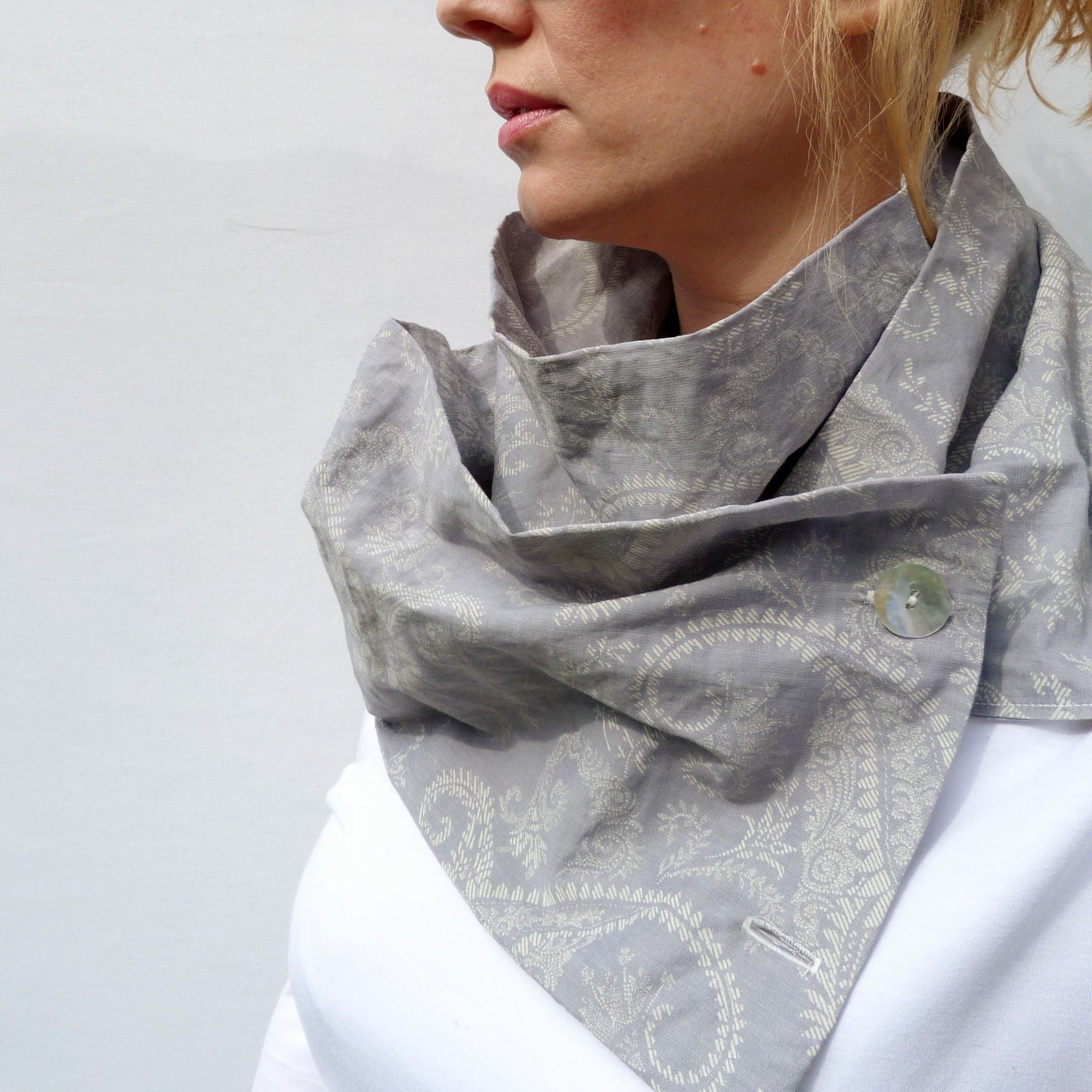 Womens Infinity Scarf, Pale Grey Paisley Print Infinity Scarf, Oversized Cowl, Spring Scarf