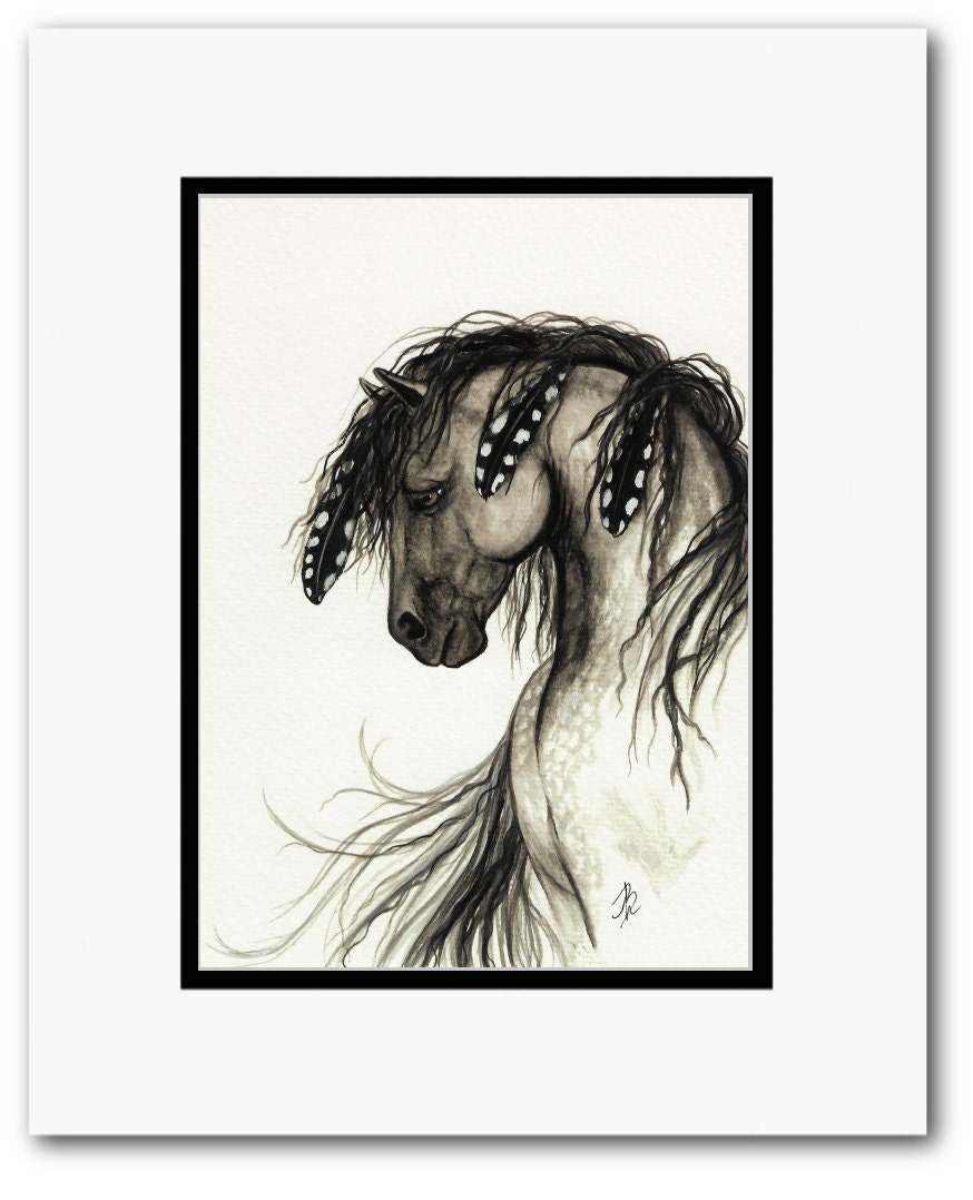 Majestic Mustang Horse Native American Grey Feather Spirit ArT - AmyLyn Bihrle - Matted 5x7 Original