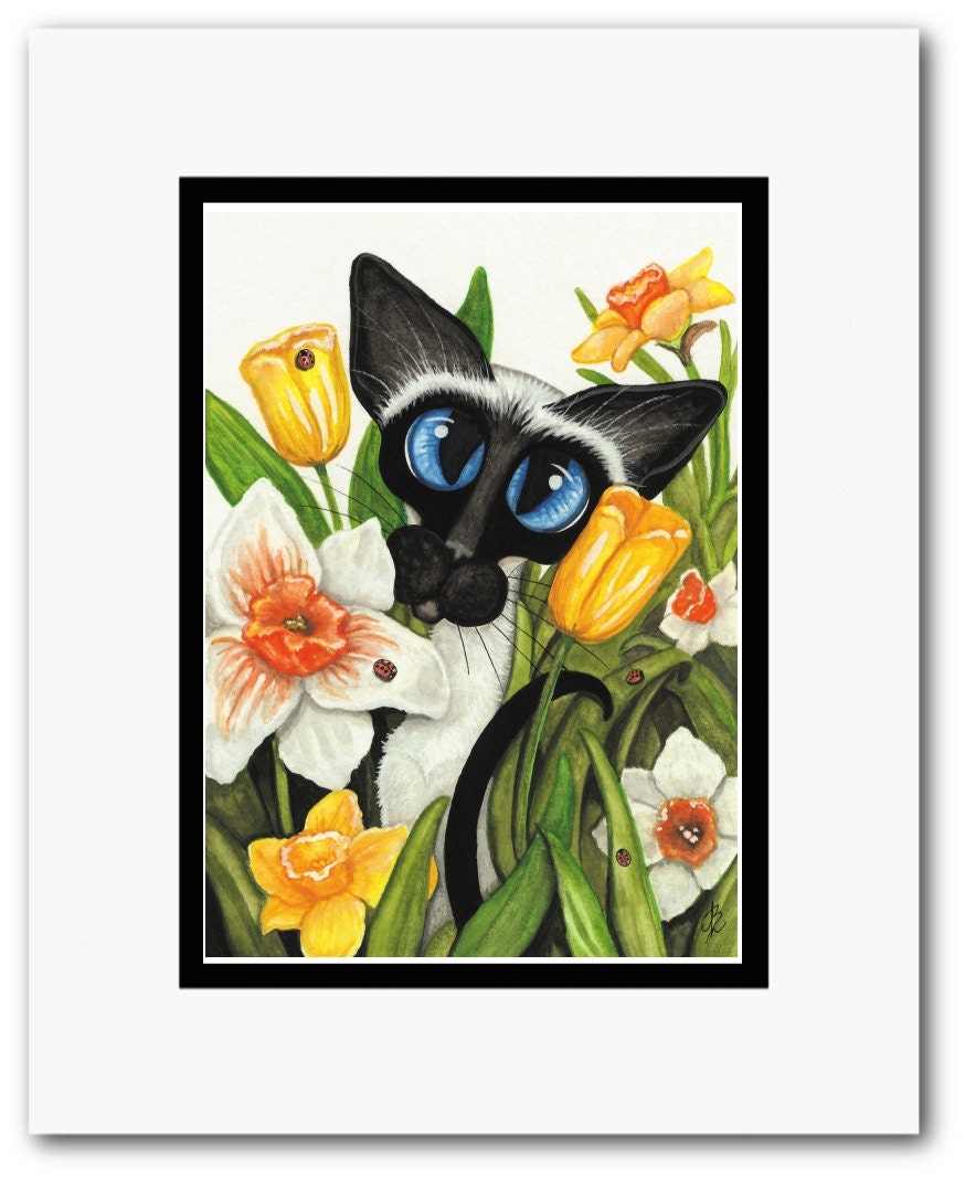 Hand Painted Original Painting - Siamese Cat Spring Ladybugs Tulips Daffodils Easter - ArT by AmyLyn Bihrle - Matted 5x7