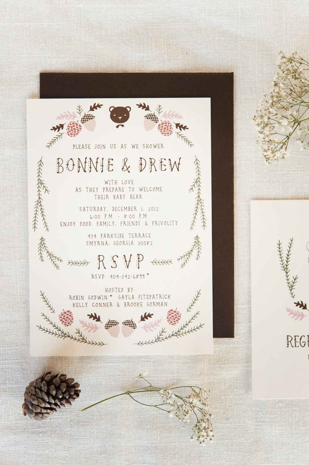 Baby Shower Invitation and Registry Card - Woodland Baby Bear. Baby Boy / Unisex