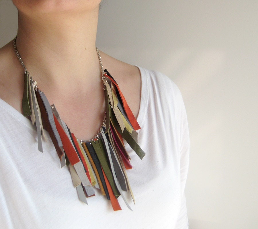 Multicolor leather necklace, fringe jewelry, boho necklace, statement jewelry, earth colors