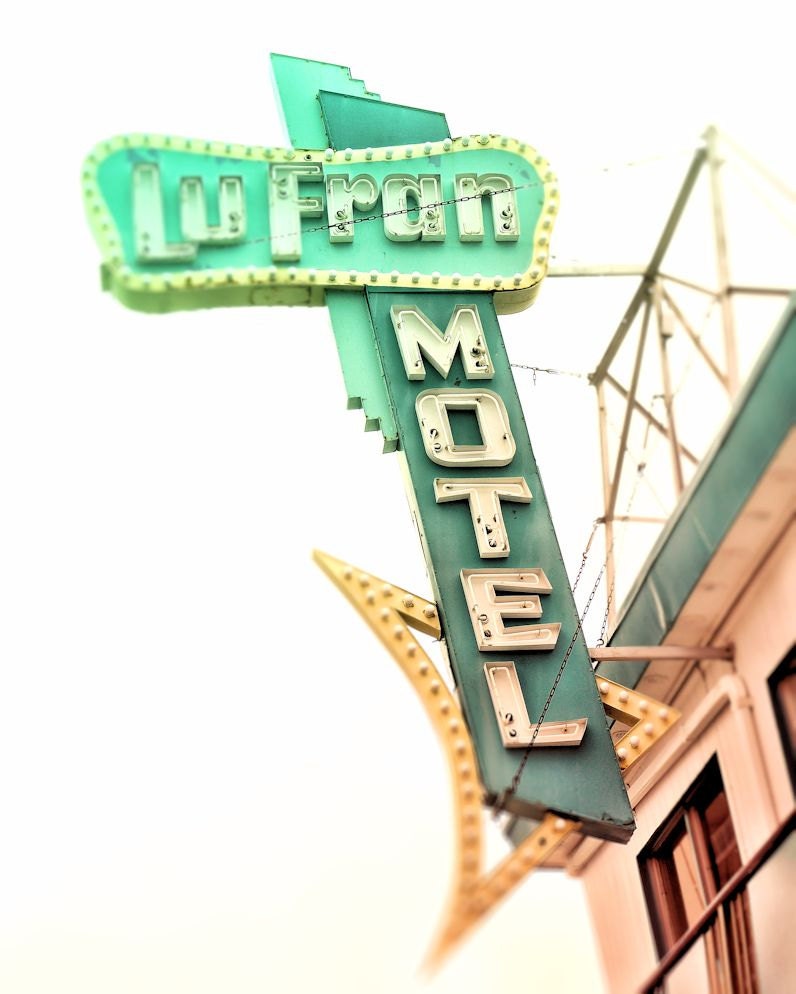 Retro neon sign Jersey shore green peach hip modern summer beach pastel ocean seashore - Lu Fran Motel 8 x 10
