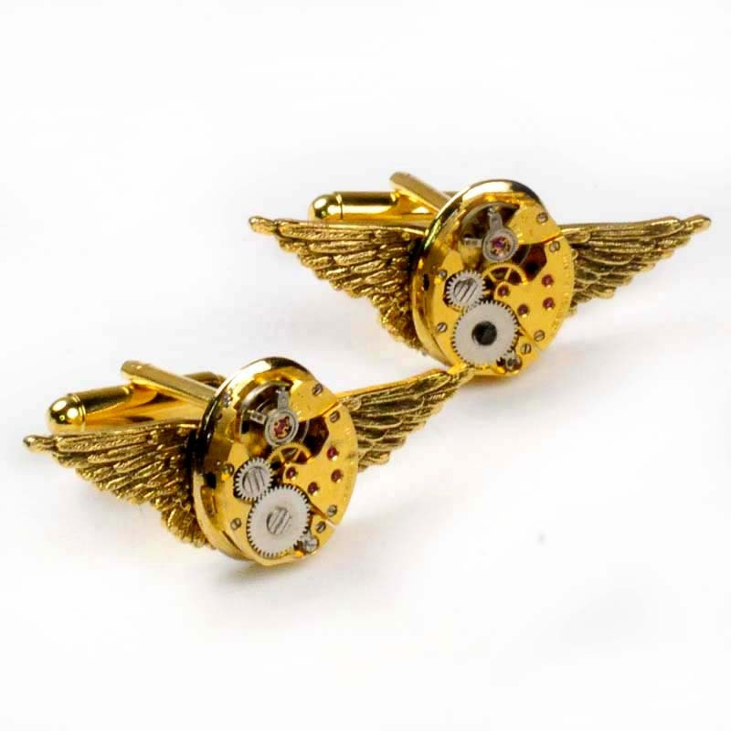Steampunk Vintage Gold Watch Movements N Wings Cuff Links