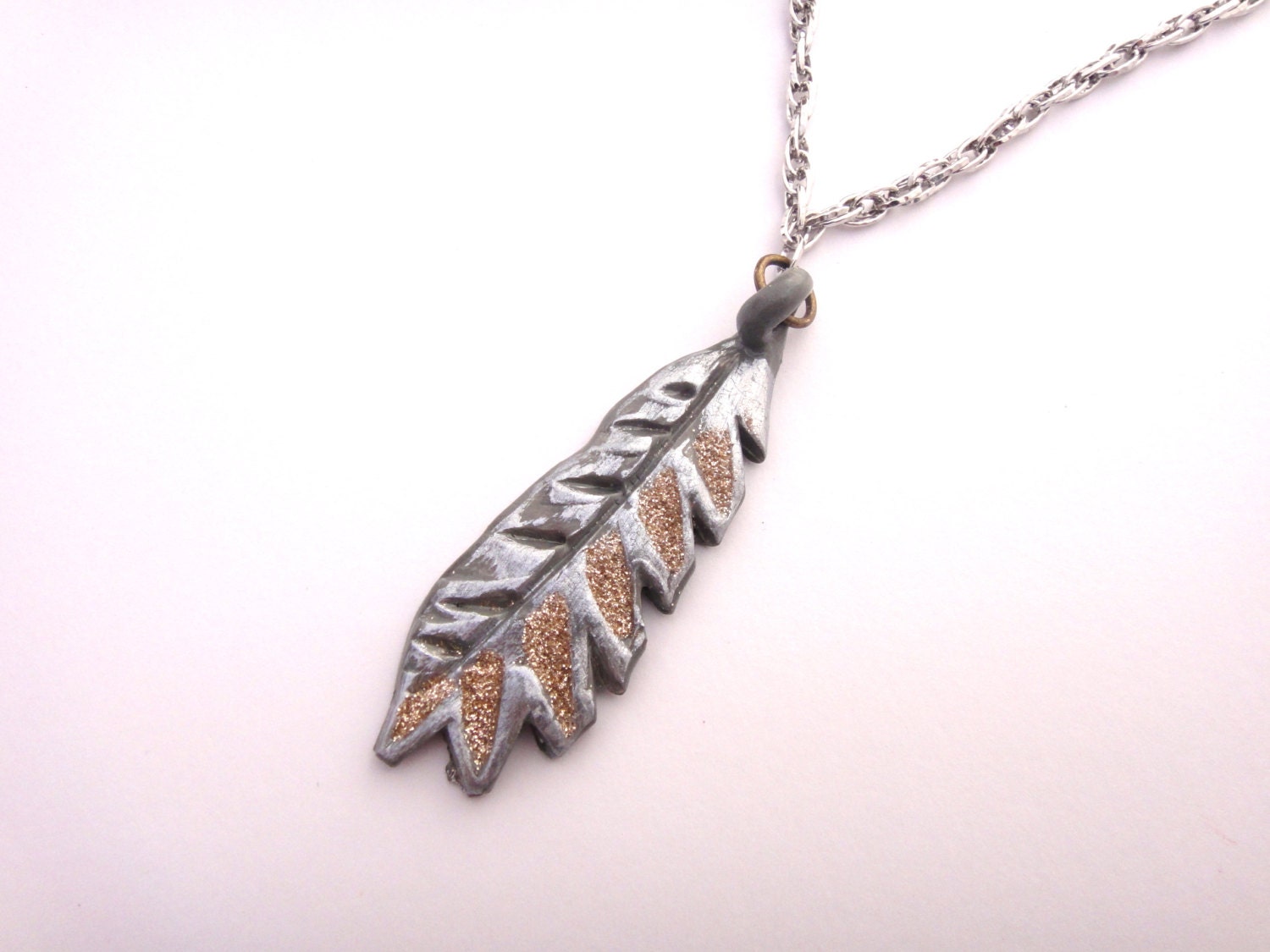 Feather necklace - silver gray gold glitter - handmade clay - tribal unique