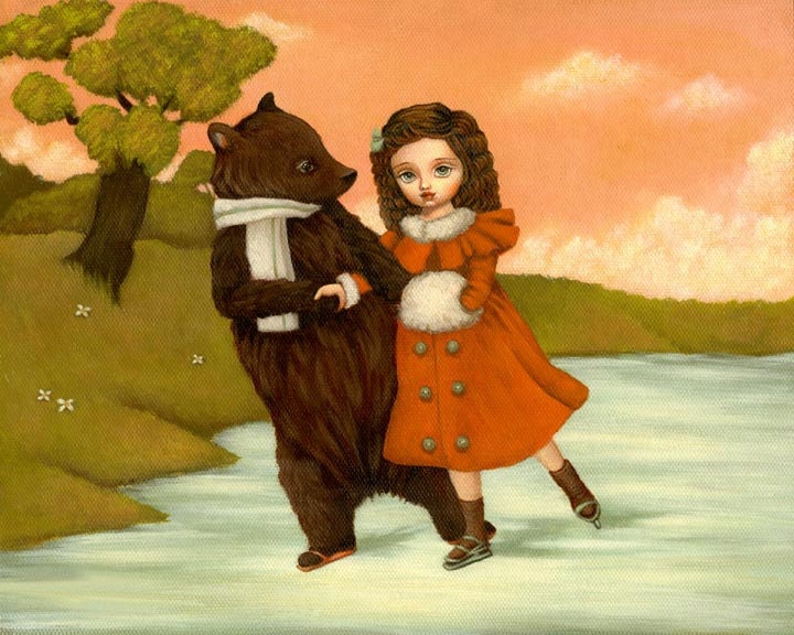 Winter Stroll - Print, Children's Art, Bear, Girl, Kids, Nursery Art, Cute, Whimsical, Lake, Peach, Pink, Red, Ice Skating, Forest