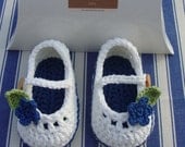 Crochet Baby booties for little girl ivory and blue with flowers size 3/6 months ready to ship with gift box