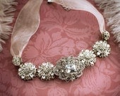 1920s Bridal Rhinestone Statement Necklace -- Ribbon Wedding Brooch Necklace, Vintage Bridal Necklace - ISABEL