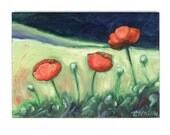 5 x 7 Small Poppies Landscape Original Oil Painting Green and Orange - GalleryMusings