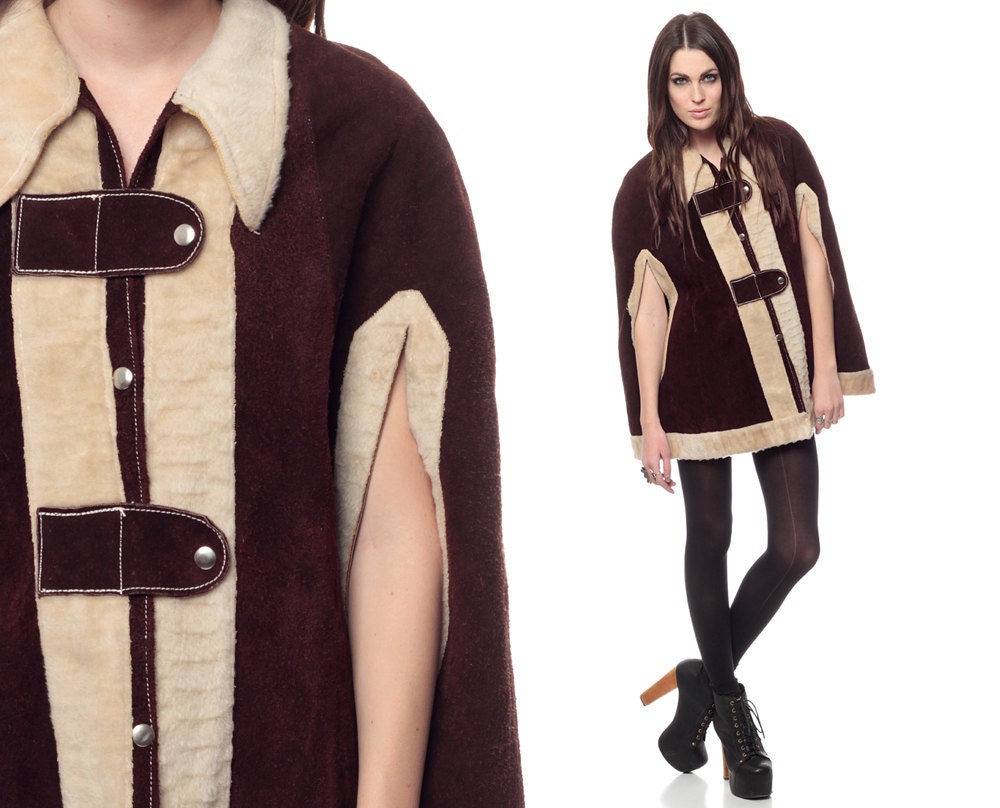 Leather Cape Coat 70s Brown Suede Boho Hippie Faux Fur Jacket Vintage 1970s Hipster Winter Collared Cream Womens Bohemian Small Medium Large