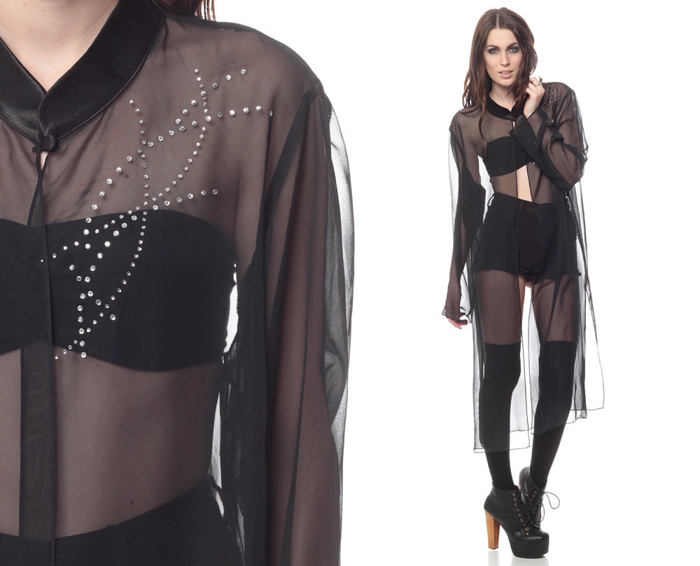 Long SHEER Jacket 90s Black Mesh Dress RHINESTONE 1990s See Through Long Sleeve Vintage Party Sexy Glam Extra Small Medium