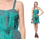 LEAF Print Dress 70s Mini Boho Button Up Teal Green Sun Vintage 1970s Bohemian Festival Summer Hipster Retro Sleeveless Tank Sundress Small
