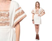 Hippie Mini Dress 70s PAISLEY Print White Bib Boho 1970s High Waisted Bohemian Festival Cotton Babydoll Vintage Belted Small Medium
