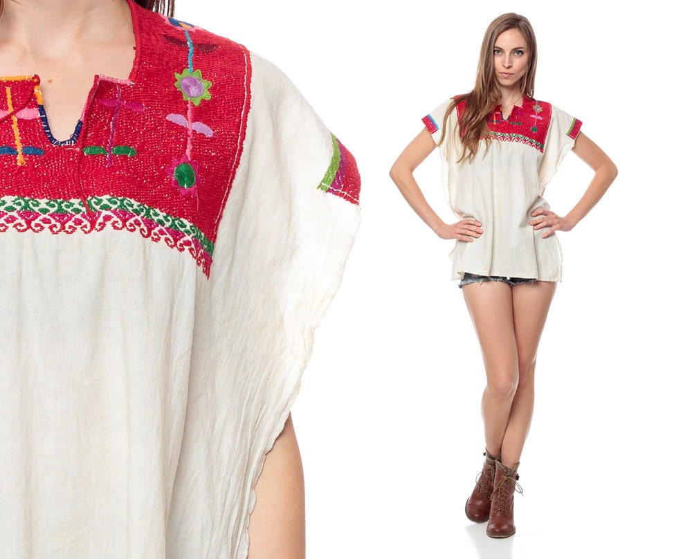 Embroidered Poncho Top 70s Aztec 1970s Hippie Tunic Bohemian Vintage Cotton Boho Ethnic White Red Hippy Shirt Extra Small Medium