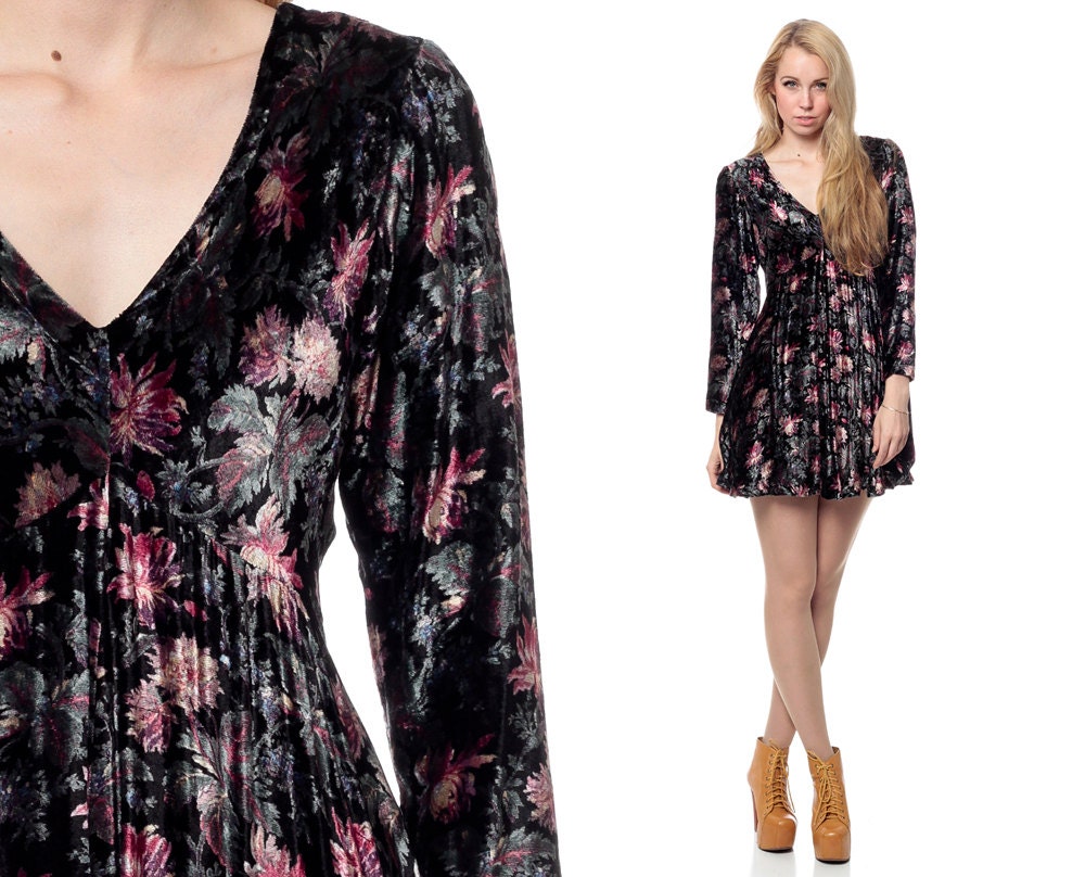 90s Babydoll Dress MINI VELOUR Floral 80s Long Sleeve Velvet Black Silver Pink Grunge Vintage 1990s Hipster V Neck Empire Waist Medium Large