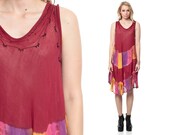 Tie Dye Dress 90s Grunge Hippie SHEER Midi Summer Sun Embroidered 1990s Tent Bohemian Vintage Burgundy Sundress Boho Small Medium Large