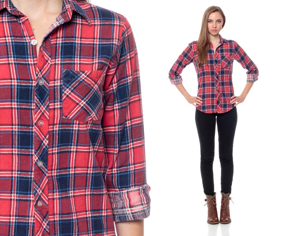 FLANNEL Plaid Shirt 90s Red Checkered Blue GRUNGE Tiny Fit 1990s Lumberjack Vintage Button Up Long Sleeve Boyfriend Extra Small