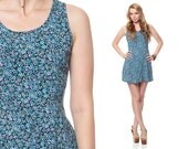 GRUNGE Mini Dress 90s Ditsy FLORAL Print Revival 1990s Blue Black CORSET Back Lace Up Vintage Summer Boho Sundress Scoop Neck  Medium Large