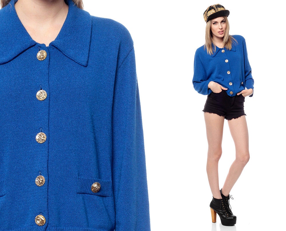 Button Up Cardigan 80s Royal Blue GOLD Knit Sweater Jacket 1980s Cropped PREPPY Vintage Nautical Women Retro Classic  Extra Small Medium