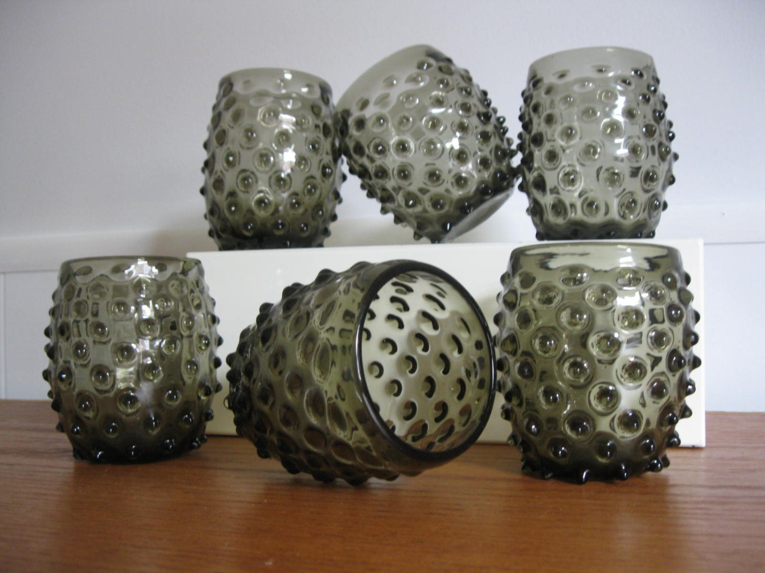 HOBNAIL smoked GLASS set of six CUPS