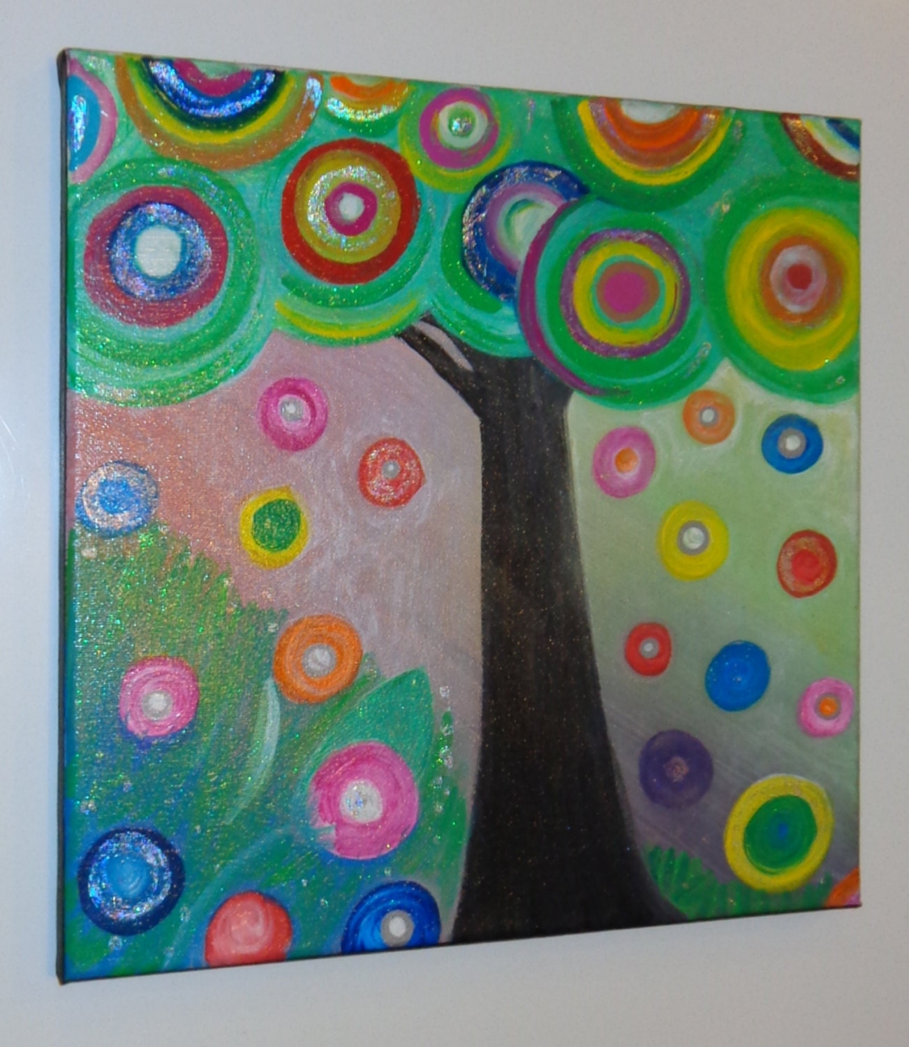 Childrens Canvas Wall Art Abstract Tree Acrylic Painting on 12x12 Canvas Beautiful Colors and Texture