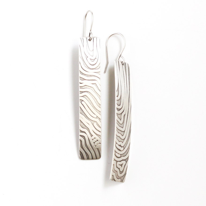 Long slender rectangle earrings with wood grain pattern embossed on sturdy sterling silver from recycled sources - "Faux Bois Earrings"