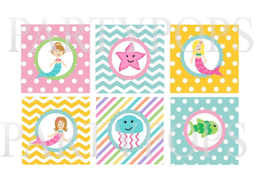 Digital Mermaid Party Cupcake Toppers, 2" decoration,  Birthday, Printable,  DIY, Decoration   Pink, Aqua, Yellow, INSTANT DOWNLOAD Sweet