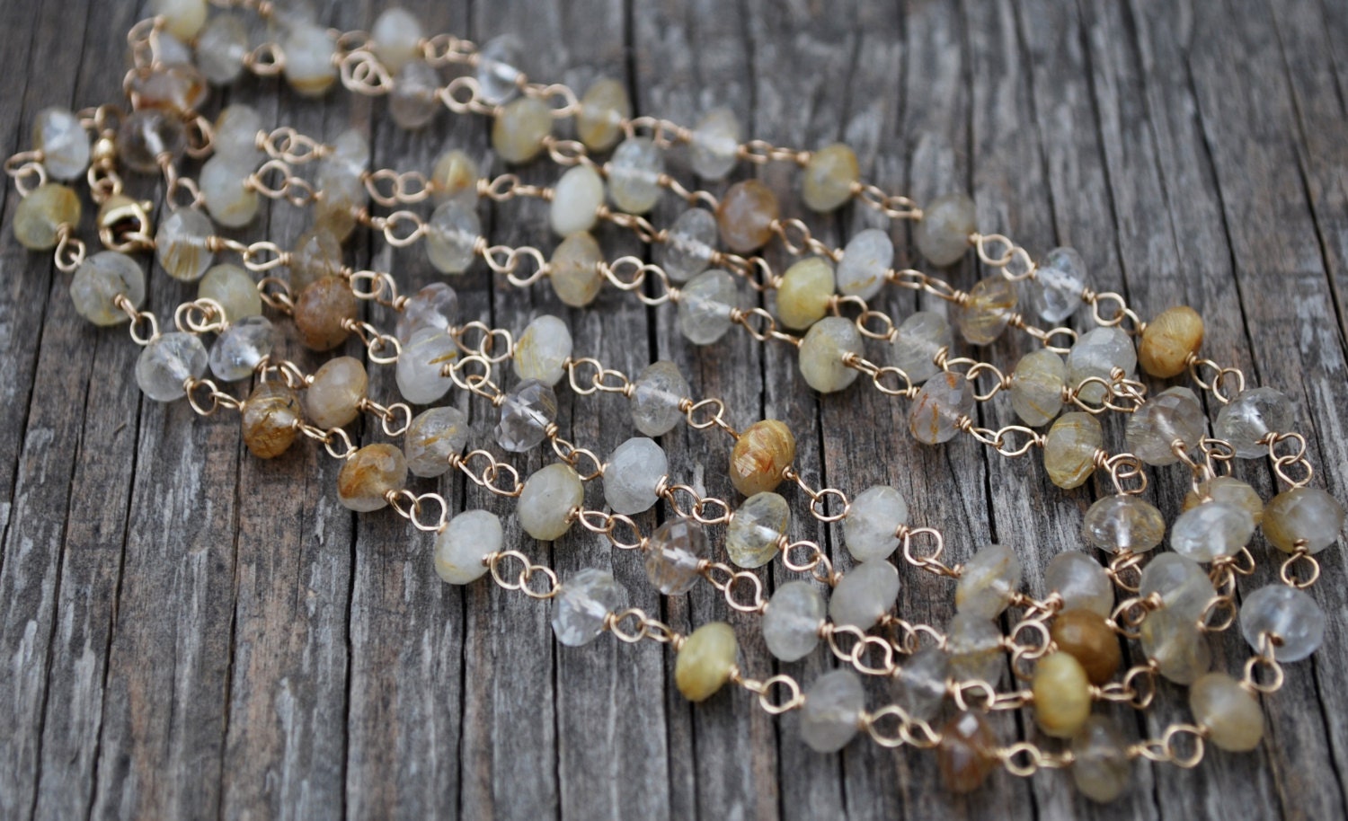 Long Golden Rutilated Quartz Gemstone Necklace with 14k Gold FIlled Wire