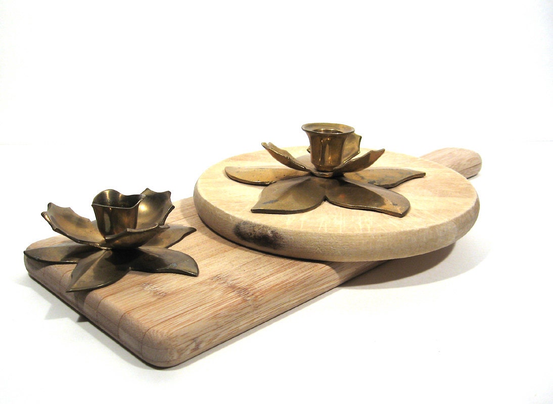 Vintage Brass Candlestick Pair Lotus Flower Candle Holder