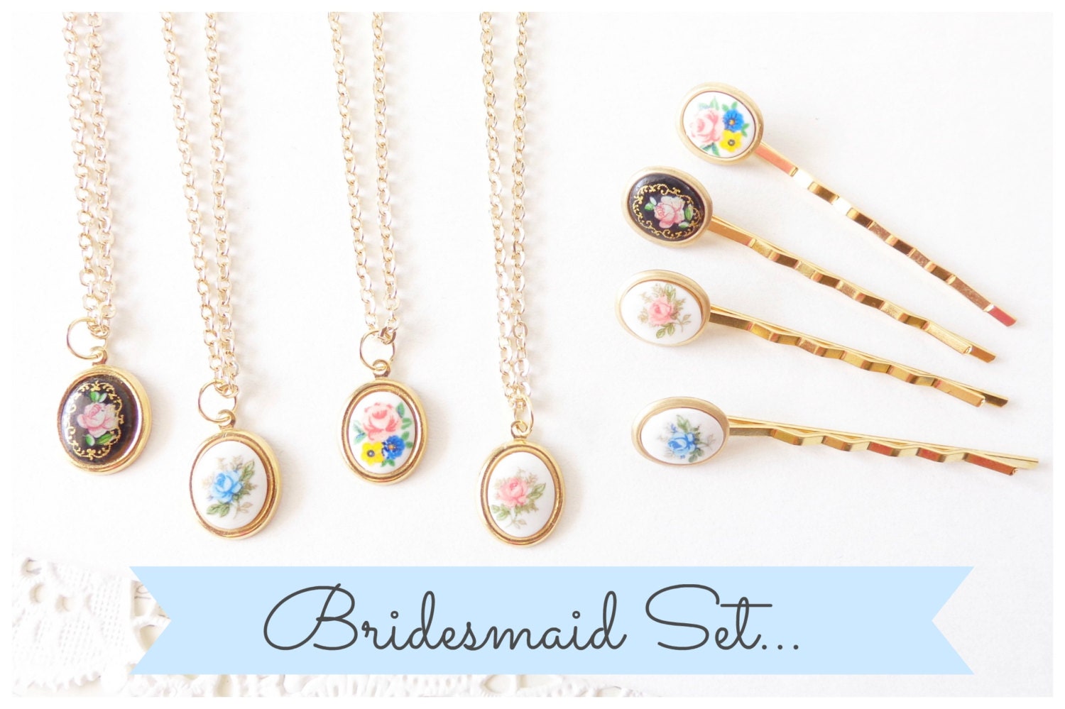 Bridesmaid Gift Set - Flower Cameo Necklace - Flower Hair Pin - Gold - Whimsy - Bridal - Bridesmaid