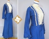 1900s Vintage wedding dress, blue silk dress, made in England, Edwardian dress, victorian dress
