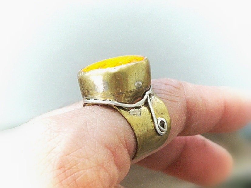 Orange and yellow Ceramic Ring Handmade Brass Adjustable Ring statement ring One of a Kind