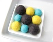 9 felted round wool beads (lemon, turquoise, dark gray)