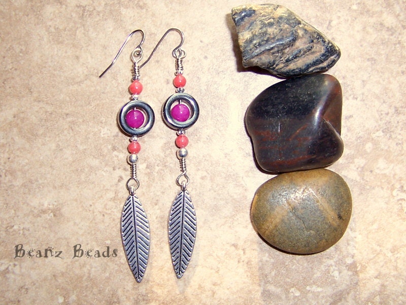 Vibrant Pink and Fuschia Bohemian Silver Leaf Dangle Earrings with Hematite Circles
