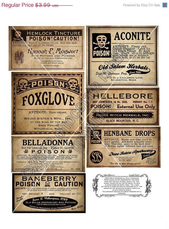 Vintage Poison Apothecary Halloween Witch Potion Label Instant Digital Download Collage Sheet Various Poisons