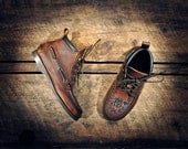 Handcrafted HIGHTOP Leather Boat Shoes - Distressed Oiled Dark Tan Cowhide & Etched Roses - Dark Brown CUFF