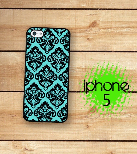 iPhone 5 Case Teal Blue Aqua Damask  / Hard Case For iPhone 5. Plastic or Rubber Trim Romantic Shabby Chic