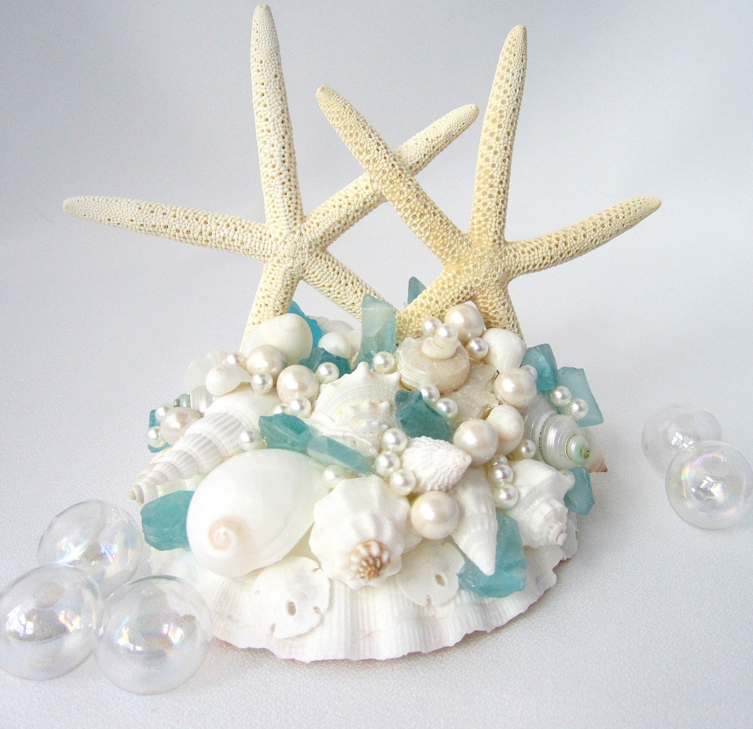 Beach Wedding White Starfish Shell Cake Topper w  2 Nautical  White Starfish, Sea Glass & Seashells