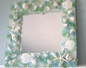 Beach Decor Seashell Mirror - Nautical Sea Glass Shell Mirror w White Starfish & Pearls - Pastels