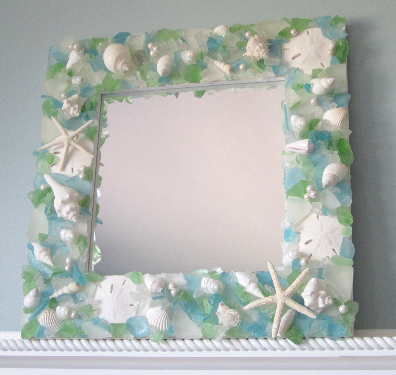 Beach Decor Seashell Mirror - Nautical Sea Glass Shell Mirror w White Starfish & Pearls - Pastels