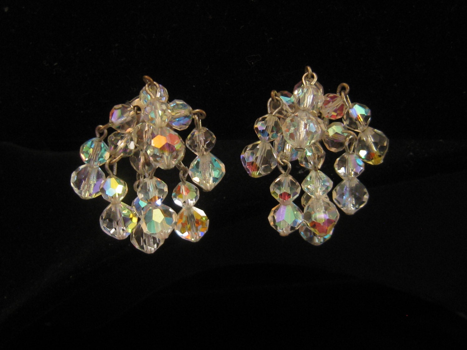 Vintage AB Aurora Borealis Crystal Bead Cluster Drop Earrings 60s